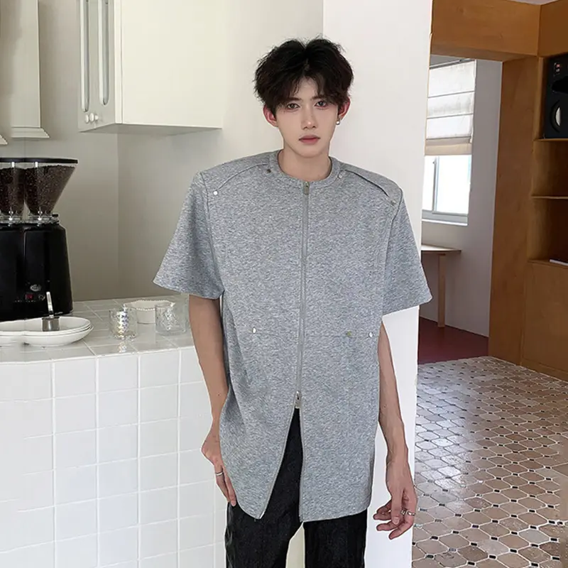 IEFB Simple Men T-shirt Rivet Deconstruction Short Sleeve T-shirts Grey Round Collar Zipper High Street Male Tees Summer 9W2766