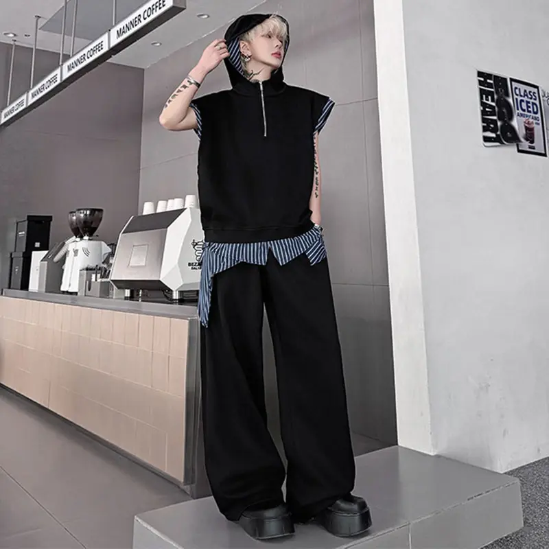 IEFB New Summer Men's Two-piece Hooded Half Zipper Design Fake Two-piece Sleeveless Vests Elastic Waist Straight Pants 9W2318