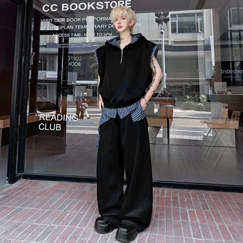 IEFB New Summer Men's Two-piece Hooded Half Zipper Design Fake Two-piece Sleeveless Vests Elastic Waist Straight Pants 9W2318