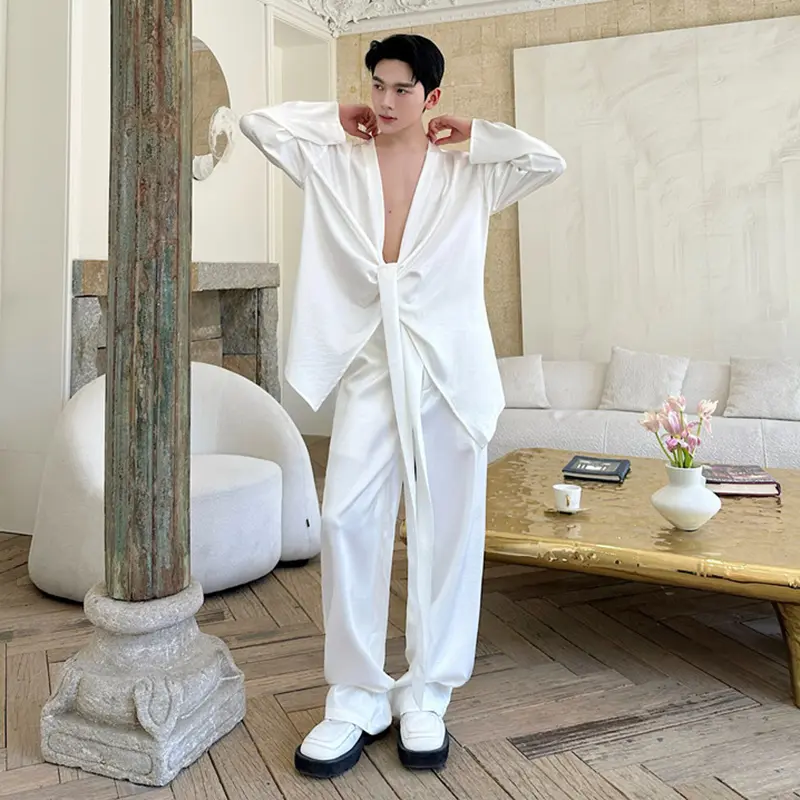 IEFB Korean Style Men's Teo-piece Solid Color Lace-up Design Long Sleeved Loose Shirts Straight Wide Leg Male Pants Chic 9W2340