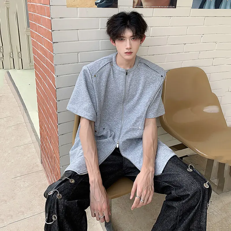 IEFB Simple Men T-shirt Rivet Deconstruction Short Sleeve T-shirts Grey Round Collar Zipper High Street Male Tees Summer 9W2766