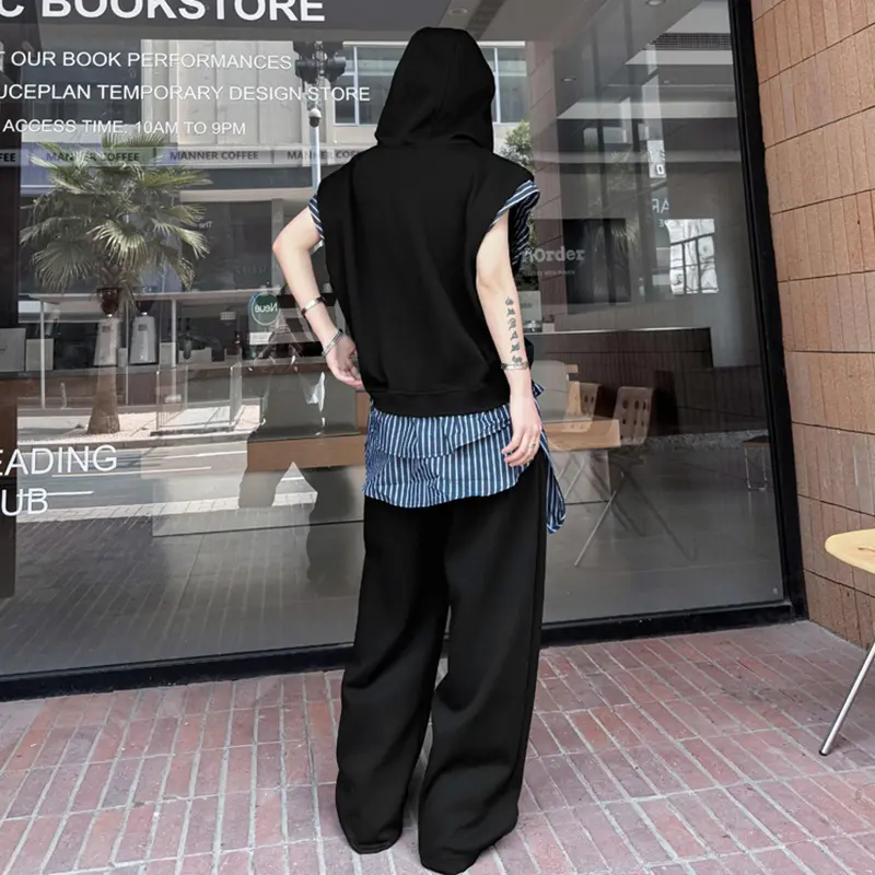 IEFB New Summer Men's Two-piece Hooded Half Zipper Design Fake Two-piece Sleeveless Vests Elastic Waist Straight Pants 9W2318