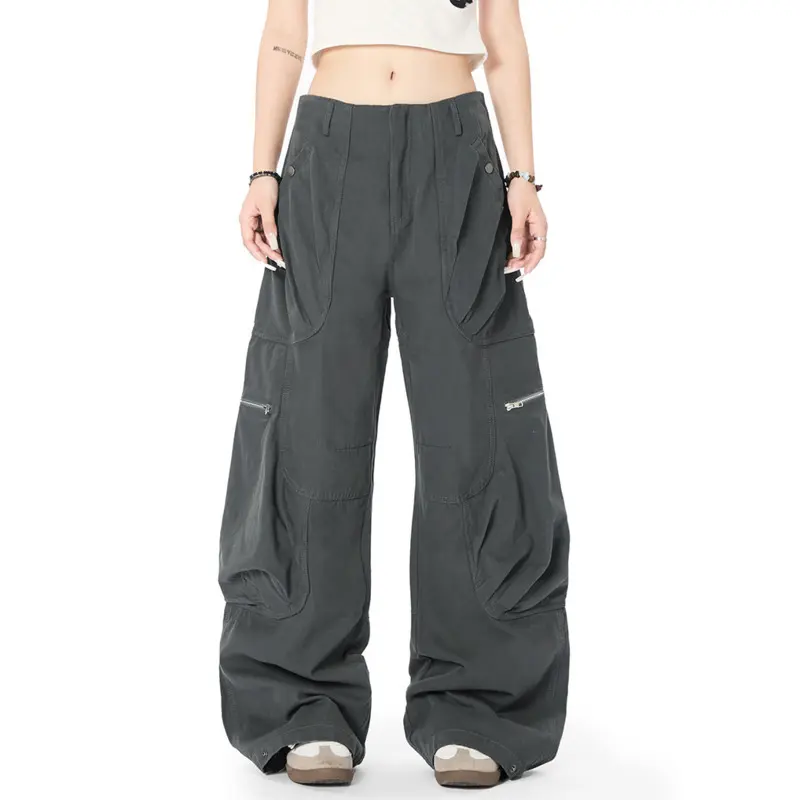 IEFB Men's Casual Trousers Solid Color Zipper Pachwork American Style Big Pockets Straight Wide Leg Loose Male Pants New 9W2755