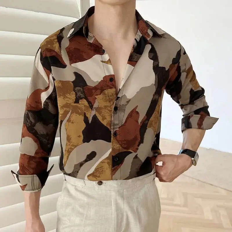 IEFB Men's Casual Shirts New Korean Printing Long Sleeve Shirt Loose Turn-down Collar Stylish Single Breasted Male Top 9W1575