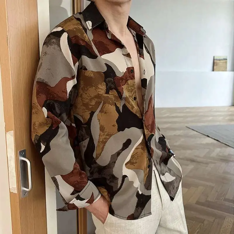 IEFB Men's Casual Shirts New Korean Printing Long Sleeve Shirt Loose Turn-down Collar Stylish Single Breasted Male Top 9W1575