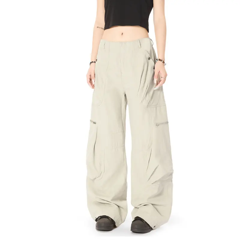 IEFB Men's Casual Trousers Solid Color Zipper Pachwork American Style Big Pockets Straight Wide Leg Loose Male Pants New 9W2755