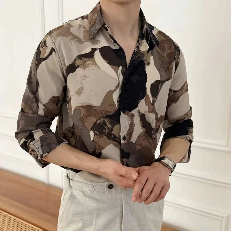 IEFB Men's Casual Shirts New Korean Printing Long Sleeve Shirt Loose Turn-down Collar Stylish Single Breasted Male Top 9W1575