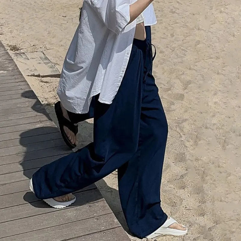 IEFB Men's Causal Pants New Korean Style Solid Color Simple Trendy Elastic Waist Drawstring Wide Leg Male Trousers Summer 9W2049