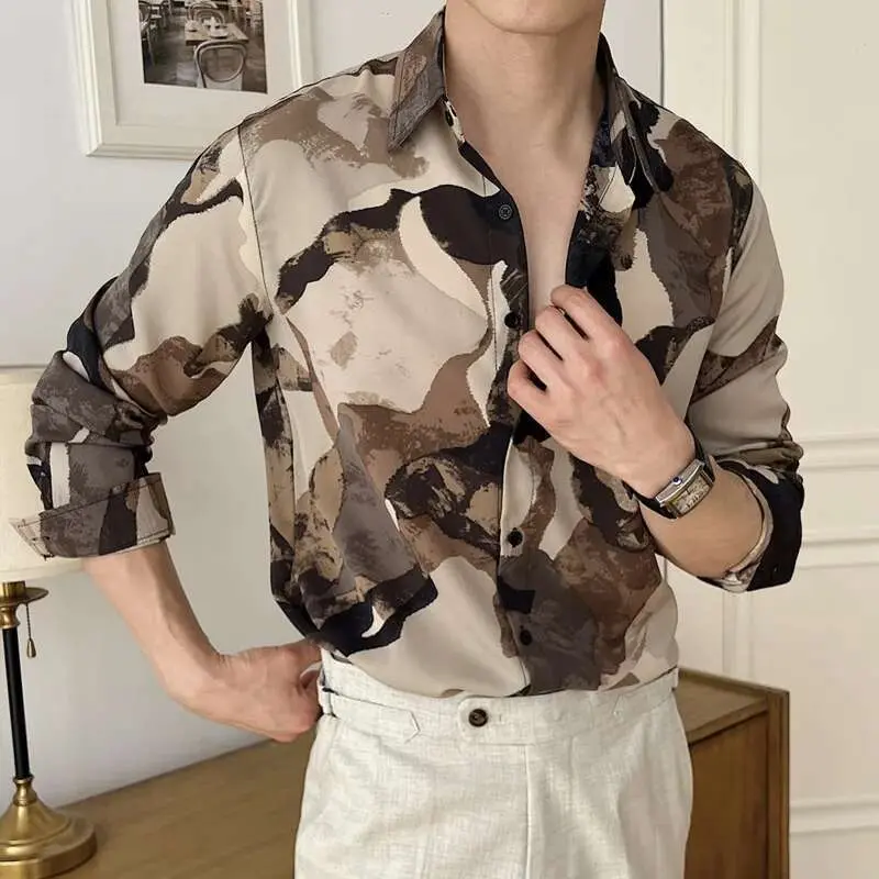 IEFB Men's Casual Shirts New Korean Printing Long Sleeve Shirt Loose Turn-down Collar Stylish Single Breasted Male Top 9W1575
