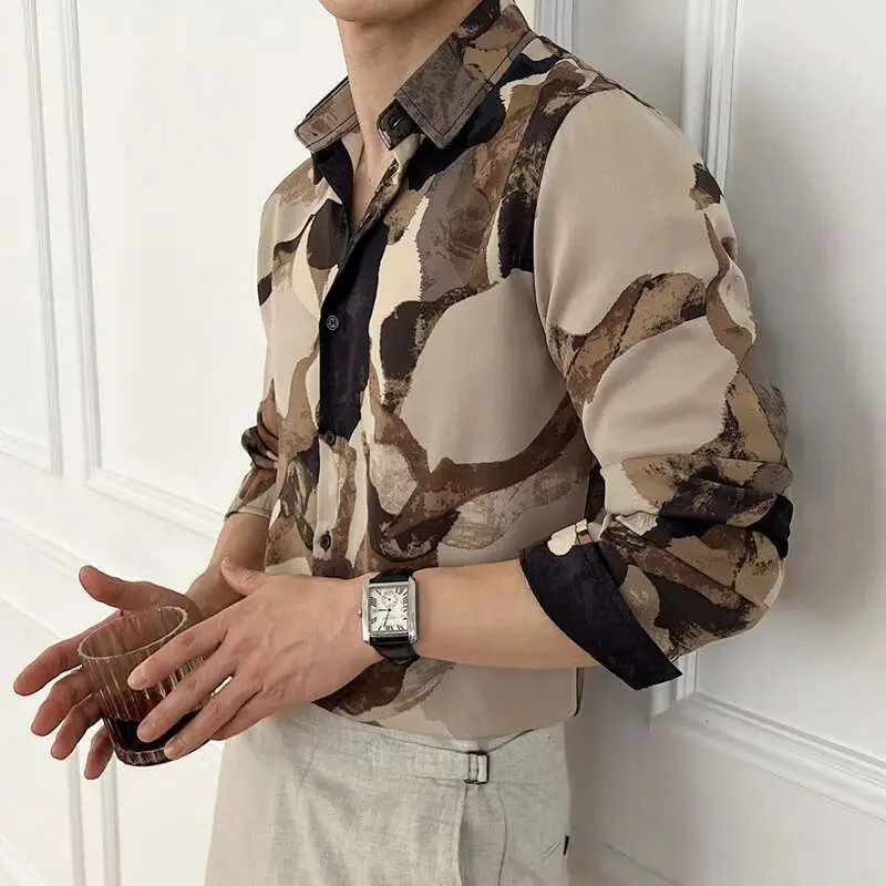 IEFB Men's Casual Shirts New Korean Printing Long Sleeve Shirt Loose Turn-down Collar Stylish Single Breasted Male Top 9W1575