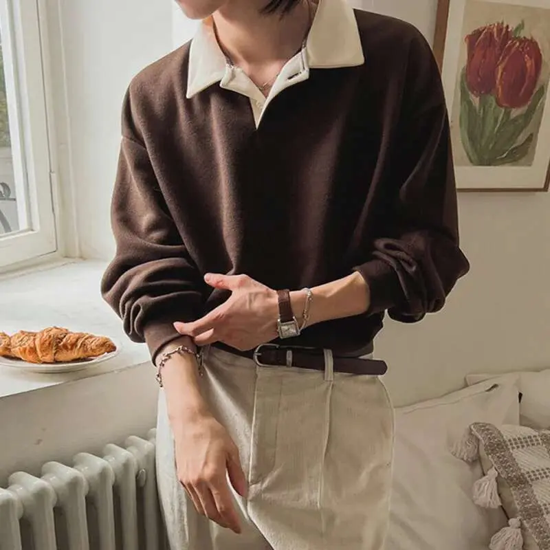 IEFB Korean Style Men's Sweatshirts Loose Turn-down Collar New Simple Contrast Color Male Casual Clothing New Spring Tide 9C7812