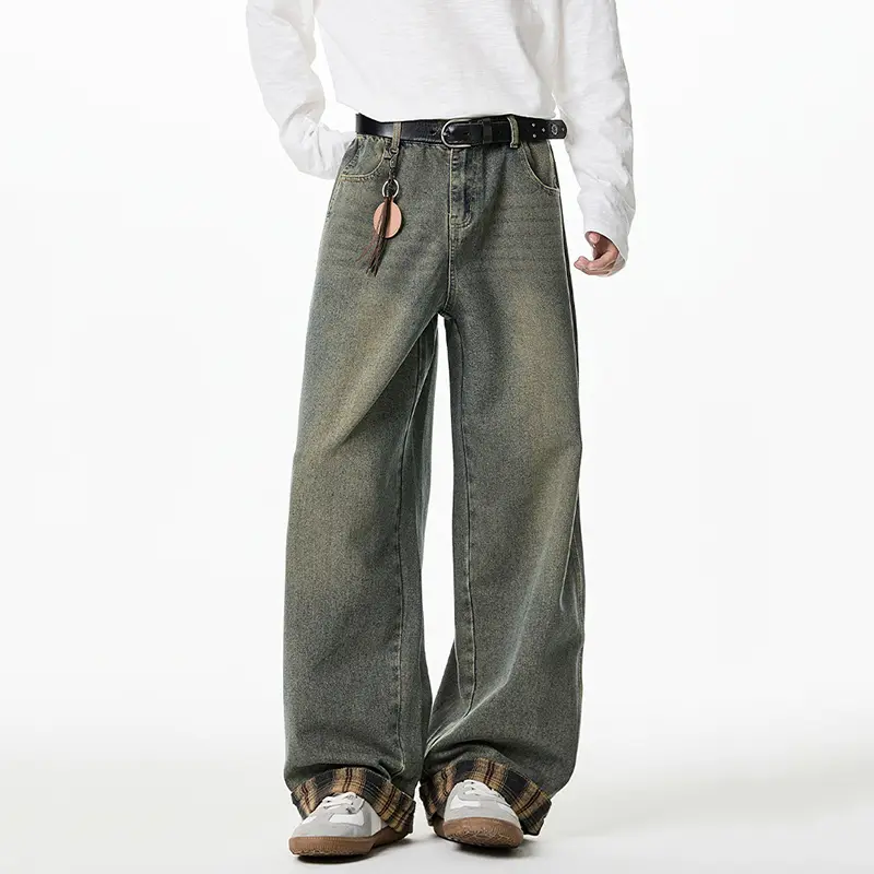IEFB New Chic Patchwork Men's Jeans Plaid Split Design American Style Casual Semi Elastic Straight Denim Pants Summer 9W3466