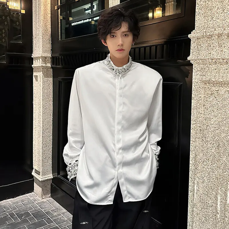 IEFB Niche Design Men Shirts Sequins Embroidery Long Sleeved Casual Shoulder Padded Loose Male Single Breasted Tops Tide 9W2410