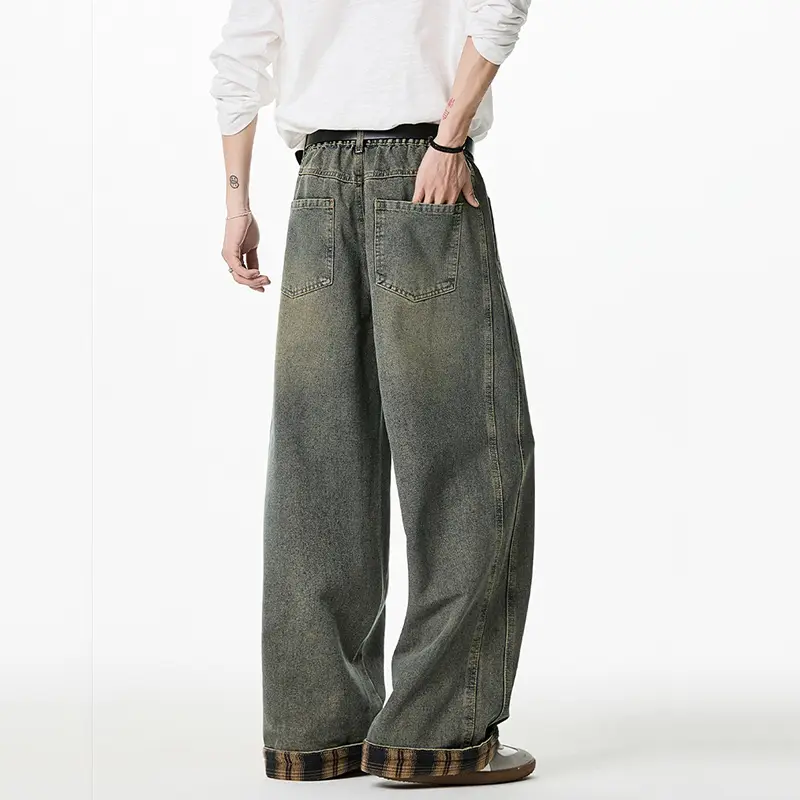 IEFB New Chic Patchwork Men's Jeans Plaid Split Design American Style Casual Semi Elastic Straight Denim Pants Summer 9W3466