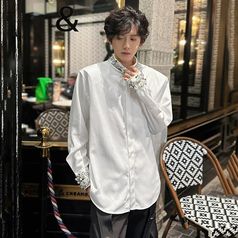 IEFB Niche Design Men Shirts Sequins Embroidery Long Sleeved Casual Shoulder Padded Loose Male Single Breasted Tops Tide 9W2410