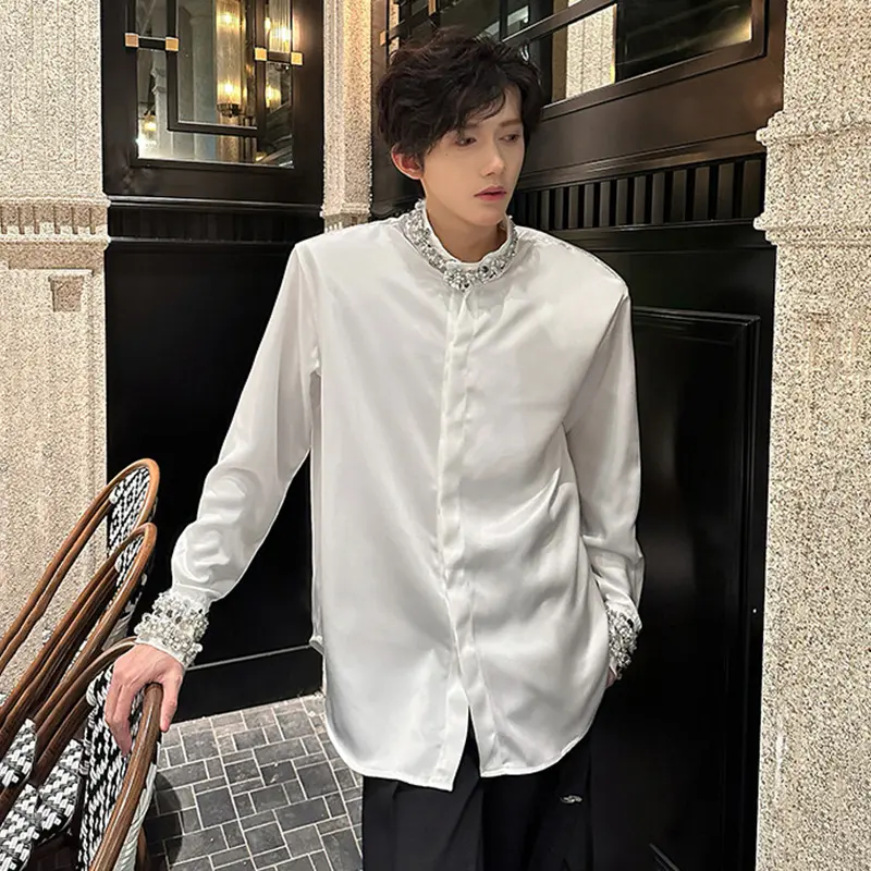 IEFB Niche Design Men Shirts Sequins Embroidery Long Sleeved Casual Shoulder Padded Loose Male Single Breasted Tops Tide 9W2410