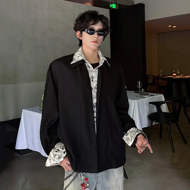 IEFB Men's Wear New Trendy Casual Floral Printing Shirts Turn-down Collar Fake Two-piece Long Sleeve Shirt Autumn Male 9W4011