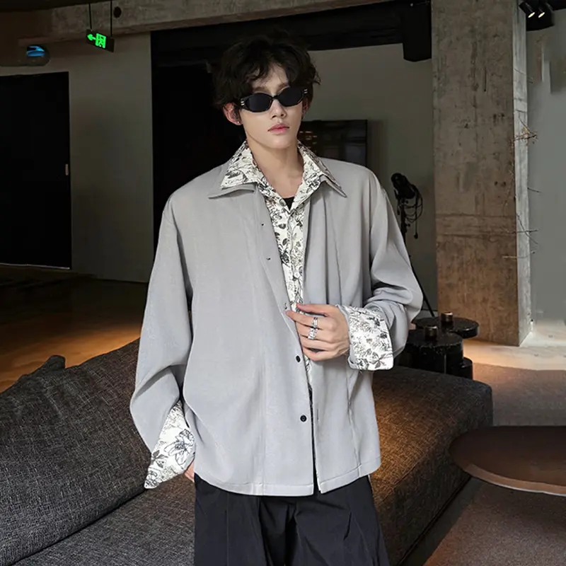 IEFB Men's Wear New Trendy Casual Floral Printing Shirts Turn-down Collar Fake Two-piece Long Sleeve Shirt Autumn Male 9W4011