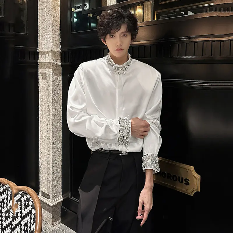 IEFB Niche Design Men Shirts Sequins Embroidery Long Sleeved Casual Shoulder Padded Loose Male Single Breasted Tops Tide 9W2410