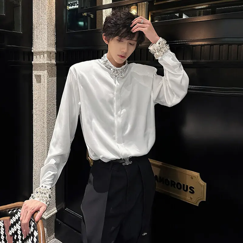 IEFB Niche Design Men Shirts Sequins Embroidery Long Sleeved Casual Shoulder Padded Loose Male Single Breasted Tops Tide 9W2410