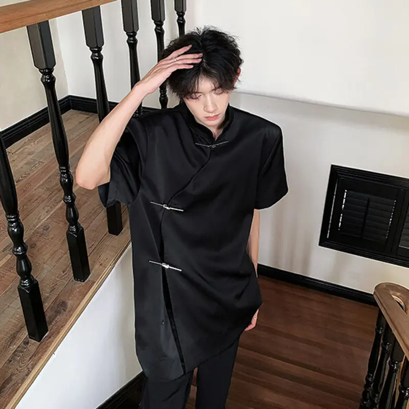 IEFB Niche Design Men's Shirts Casual Stand Collar Metal Knot Button Solid Color Short Sleeved Loose Male Tops Summer 9W2556