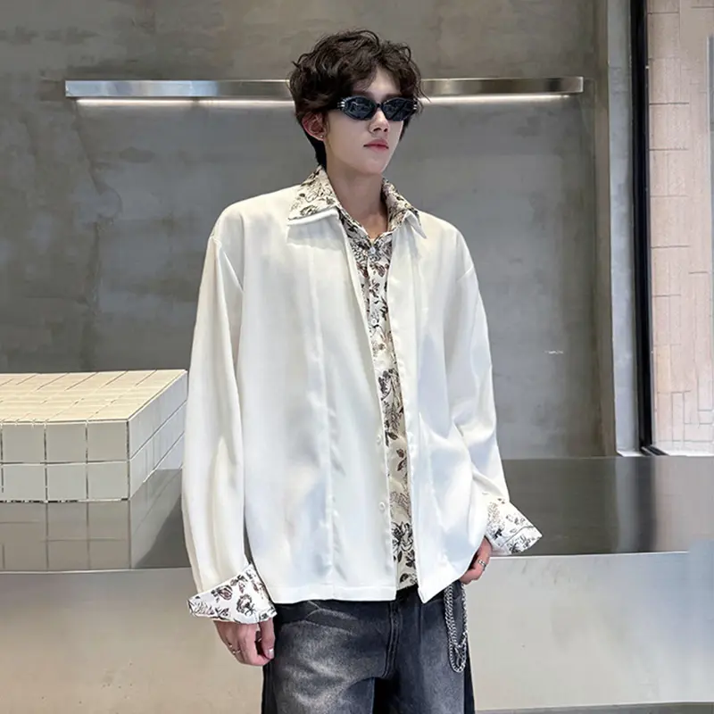 IEFB Men's Wear New Trendy Casual Floral Printing Shirts Turn-down Collar Fake Two-piece Long Sleeve Shirt Autumn Male 9W4011