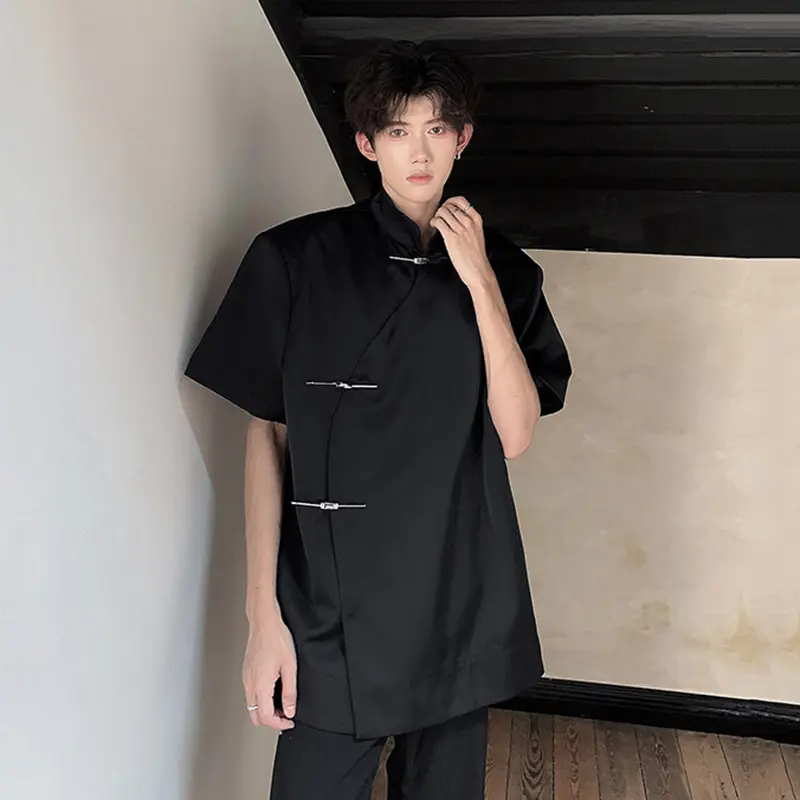 IEFB Niche Design Men's Shirts Casual Stand Collar Metal Knot Button Solid Color Short Sleeved Loose Male Tops Summer 9W2556
