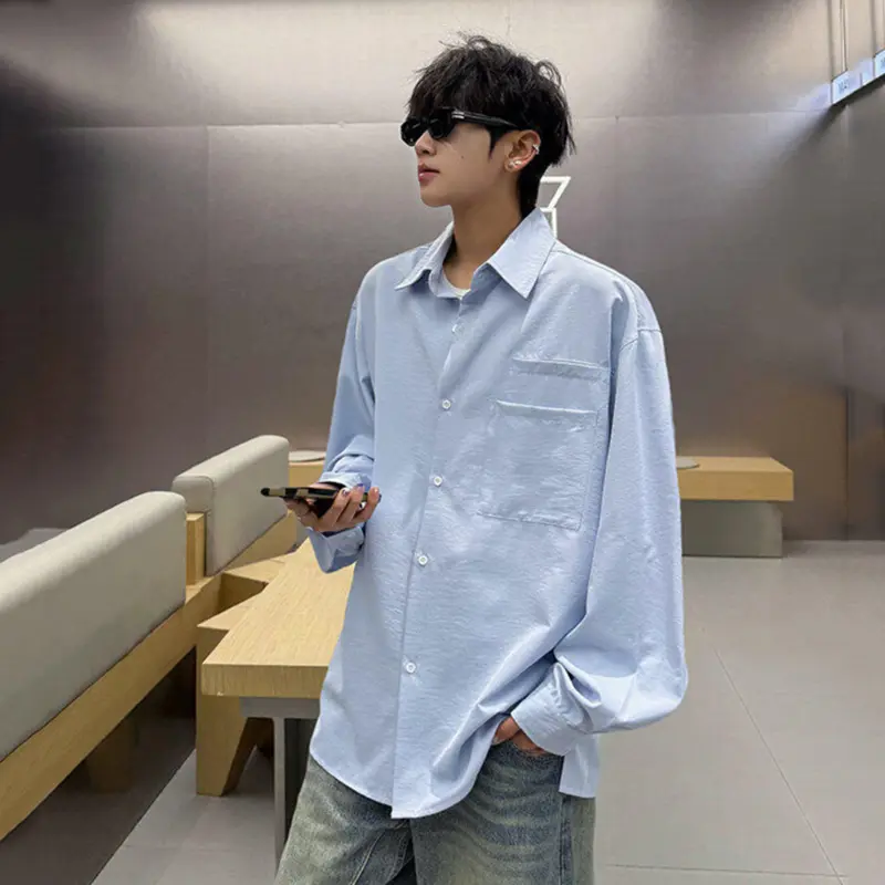 IEFB Men's Long Sleeve Shirts New Korean Style Double Pocket Turn-down Collar Solid Color Trendy Male Casual Tees Summer 9W2202