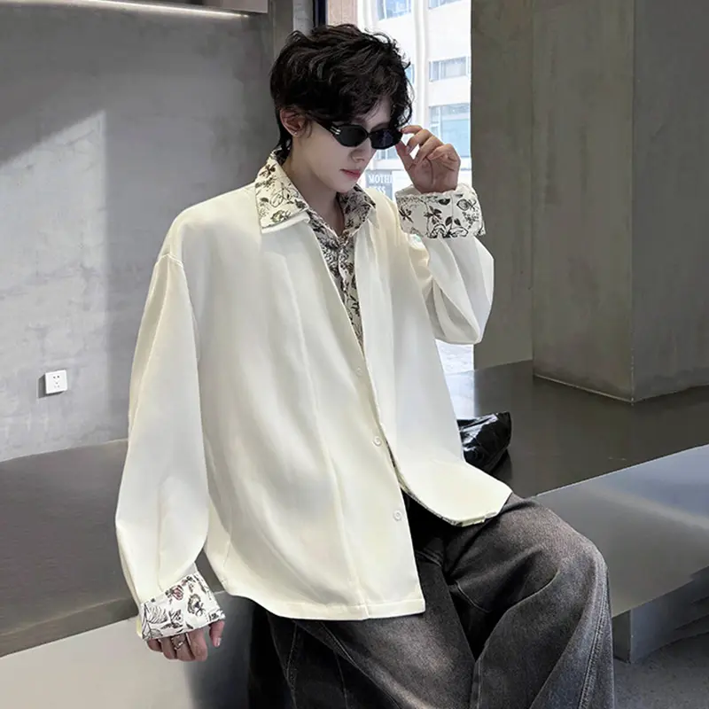 IEFB Men's Wear New Trendy Casual Floral Printing Shirts Turn-down Collar Fake Two-piece Long Sleeve Shirt Autumn Male 9W4011