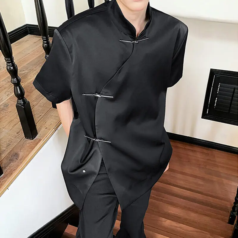 IEFB Niche Design Men's Shirts Casual Stand Collar Metal Knot Button Solid Color Short Sleeved Loose Male Tops Summer 9W2556