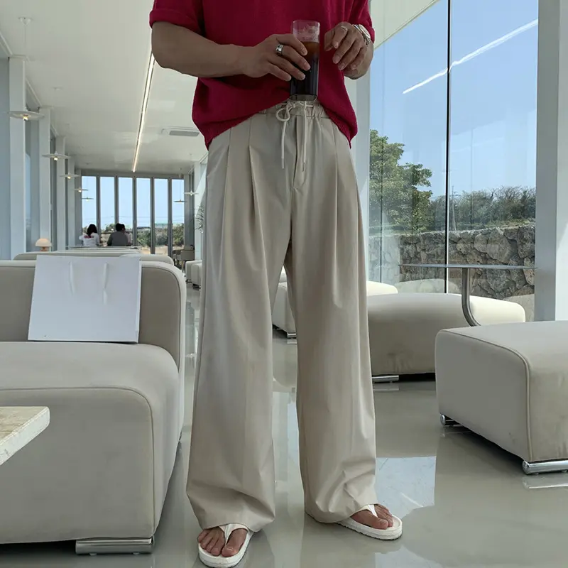 IEFB Men's Korean Style Casual Pants Loose Drawstring Design Straight Wide Leg Elastic Waist Male Clothing New Summer 9W1851