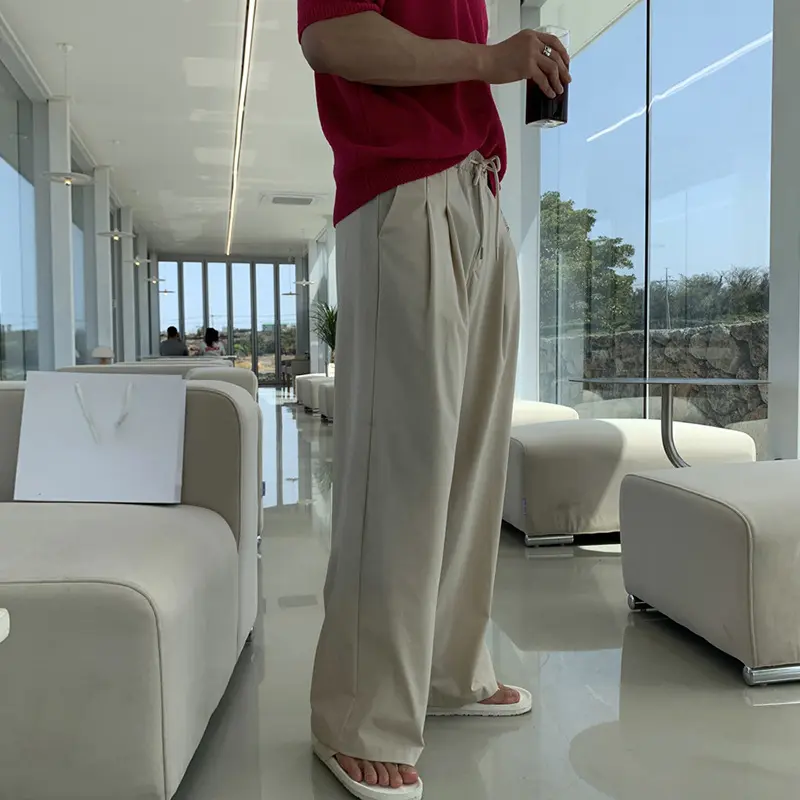 IEFB Men's Korean Style Casual Pants Loose Drawstring Design Straight Wide Leg Elastic Waist Male Clothing New Summer 9W1851