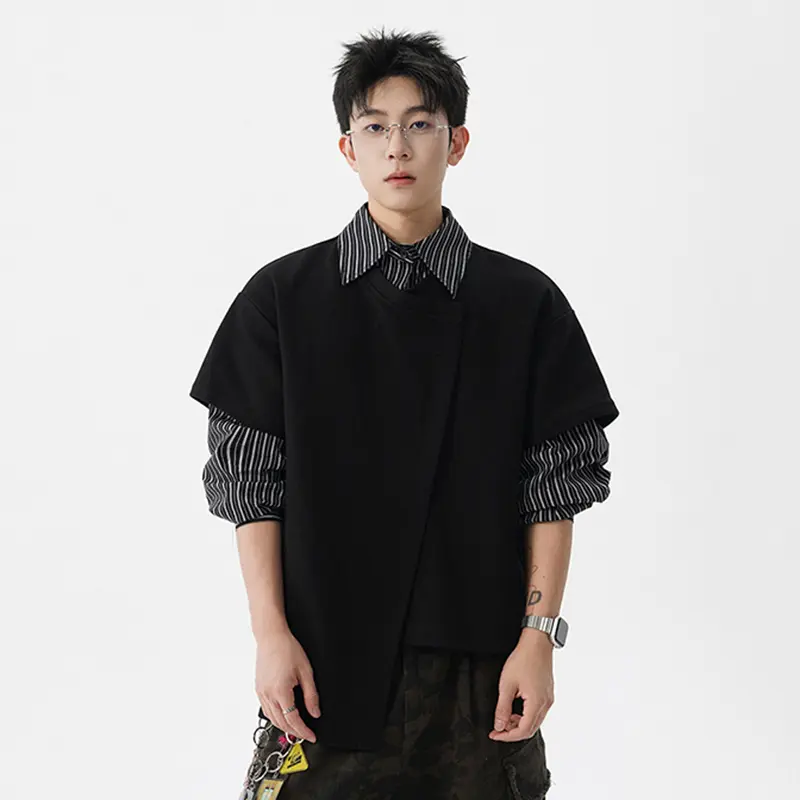 IEFB Niche Design Men's Sweatshirts Turn-down Collar Contrast Color Striped Design Casual Asymmetry Loose Male Tops Tide 9W4283