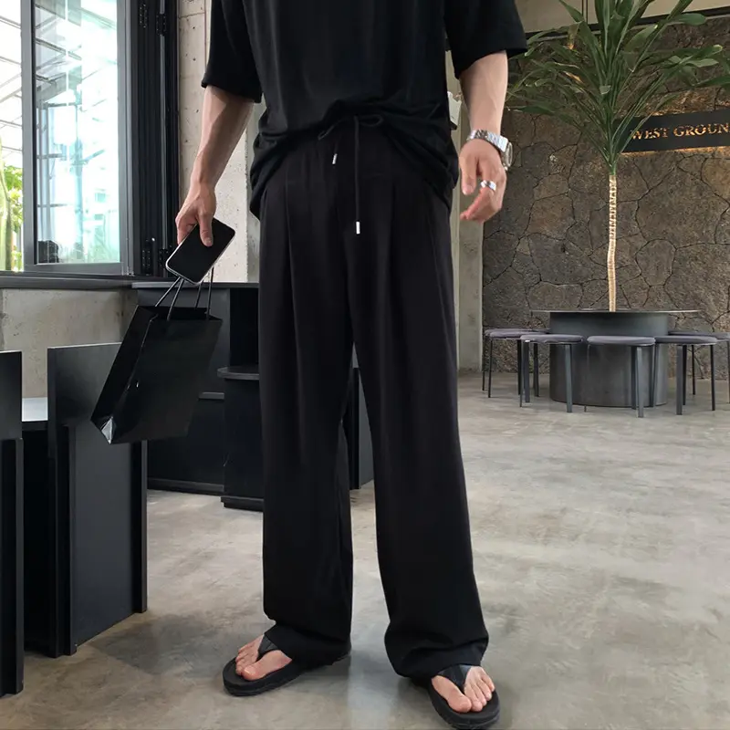 IEFB Men's Korean Style Casual Pants Loose Drawstring Design Straight Wide Leg Elastic Waist Male Clothing New Summer 9W1851