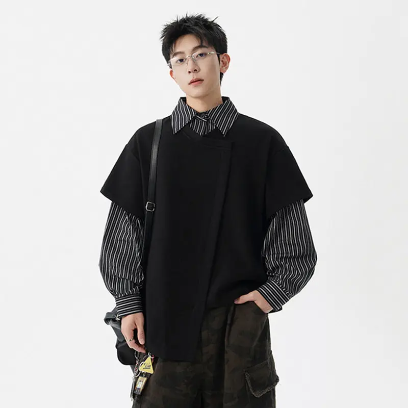 IEFB Niche Design Men's Sweatshirts Turn-down Collar Contrast Color Striped Design Casual Asymmetry Loose Male Tops Tide 9W4283