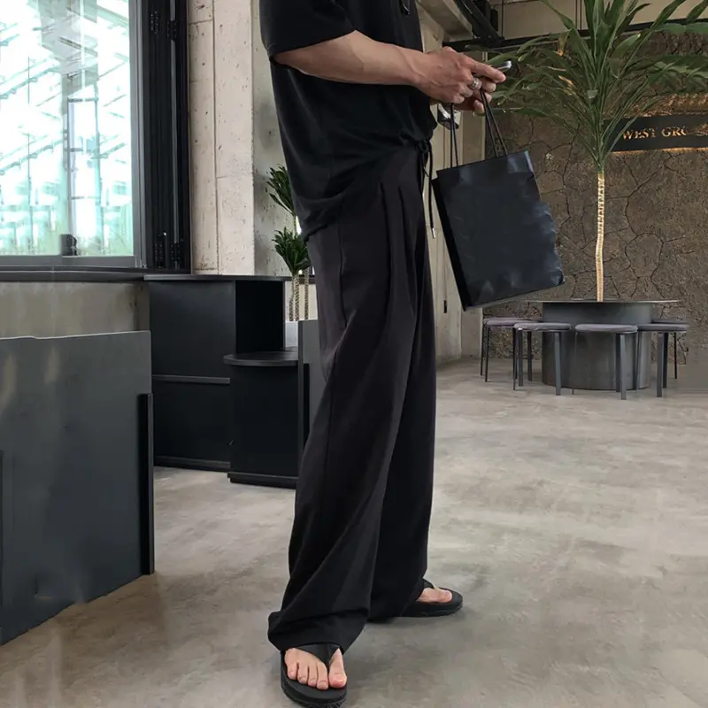IEFB Men's Korean Style Casual Pants Loose Drawstring Design Straight Wide Leg Elastic Waist Male Clothing New Summer 9W1851