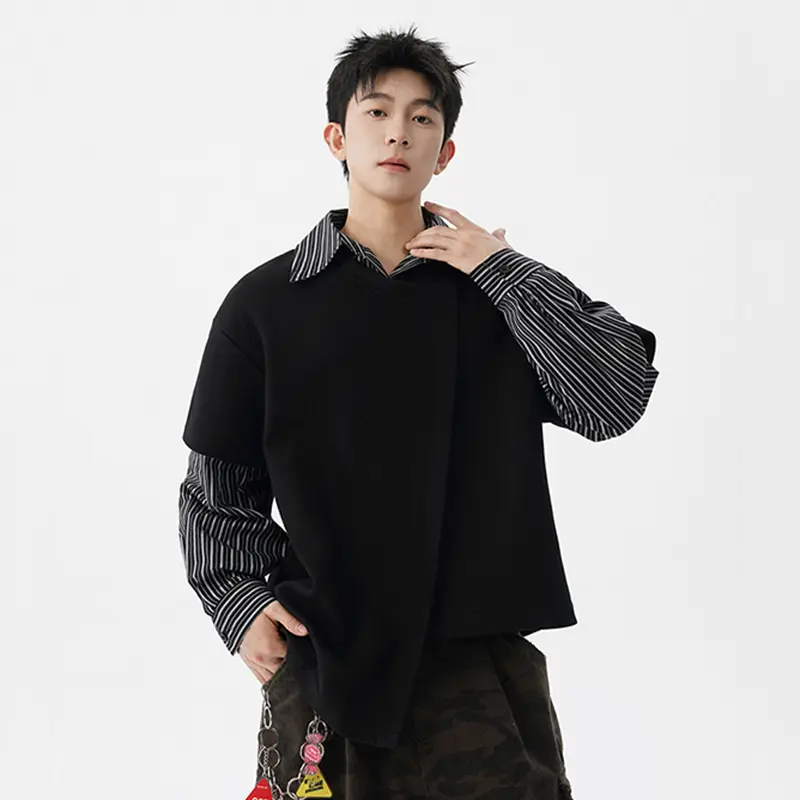 IEFB Niche Design Men's Sweatshirts Turn-down Collar Contrast Color Striped Design Casual Asymmetry Loose Male Tops Tide 9W4283