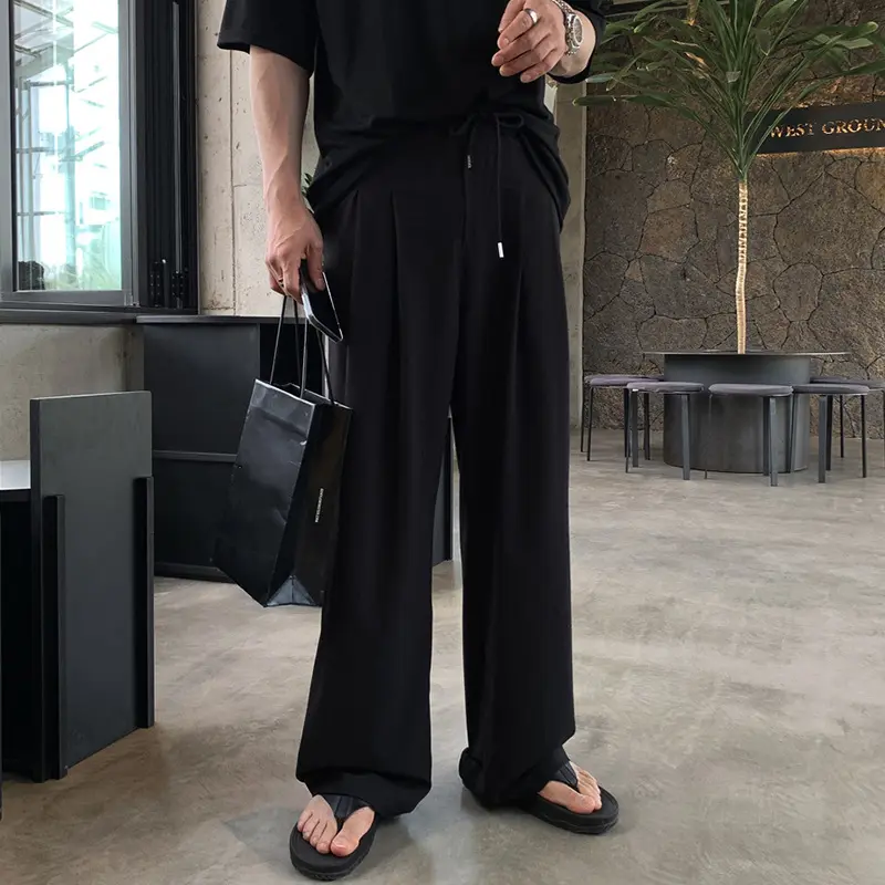 IEFB Men's Korean Style Casual Pants Loose Drawstring Design Straight Wide Leg Elastic Waist Male Clothing New Summer 9W1851