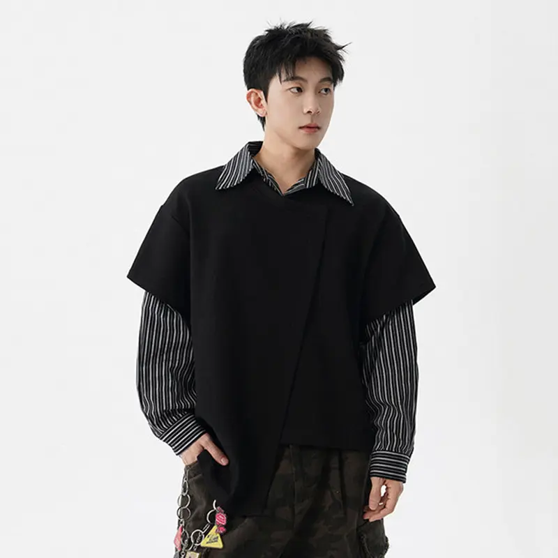 IEFB Niche Design Men's Sweatshirts Turn-down Collar Contrast Color Striped Design Casual Asymmetry Loose Male Tops Tide 9W4283