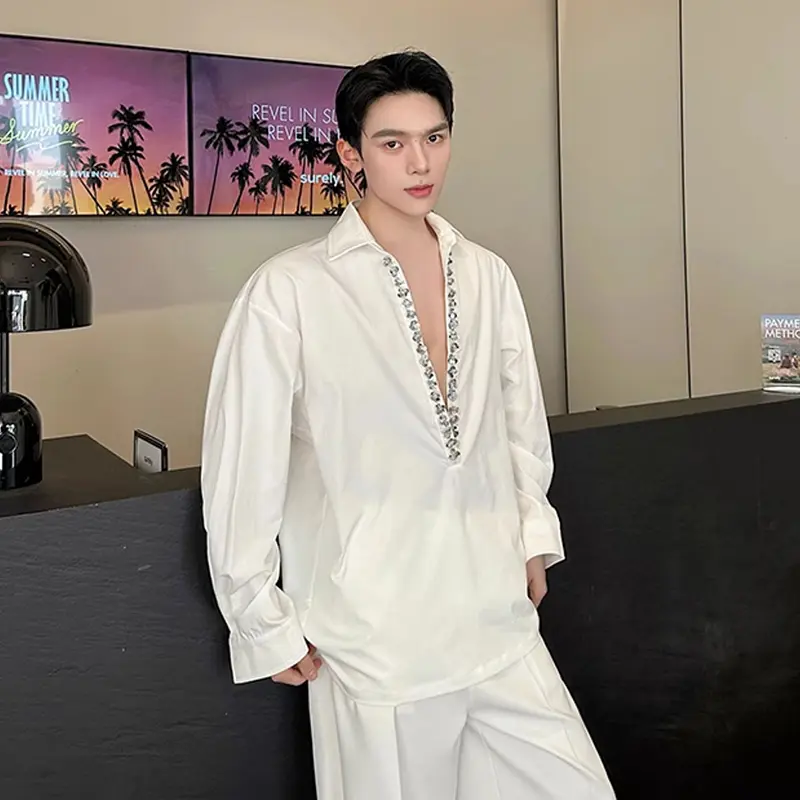 IEFB Big V-neck Men's Shirts Sequins Decoration Long Sleeved Niche Design Clothing Casual Pullover Male Shirt Fashion 9W2339