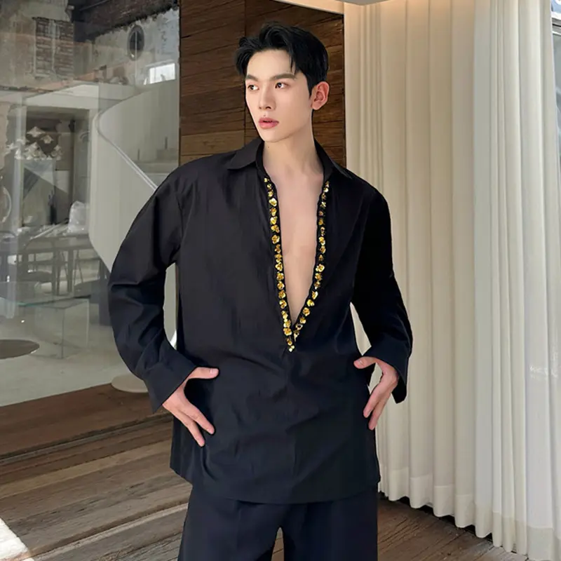IEFB Big V-neck Men's Shirts Sequins Decoration Long Sleeved Niche Design Clothing Casual Pullover Male Shirt Fashion 9W2339
