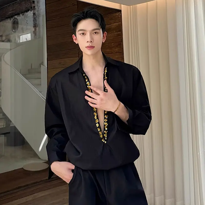 IEFB Big V-neck Men's Shirts Sequins Decoration Long Sleeved Niche Design Clothing Casual Pullover Male Shirt Fashion 9W2339