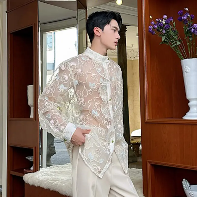 IEFB New Summer Male Shirts Long Sleeve Threedimensional Embroidery Jacquard Decoration Singel Breasted Stand Menwear 9W2122