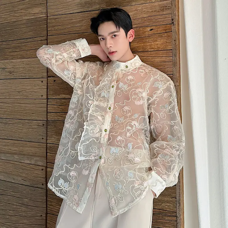 IEFB New Summer Male Shirts Long Sleeve Threedimensional Embroidery Jacquard Decoration Singel Breasted Stand Menwear 9W2122