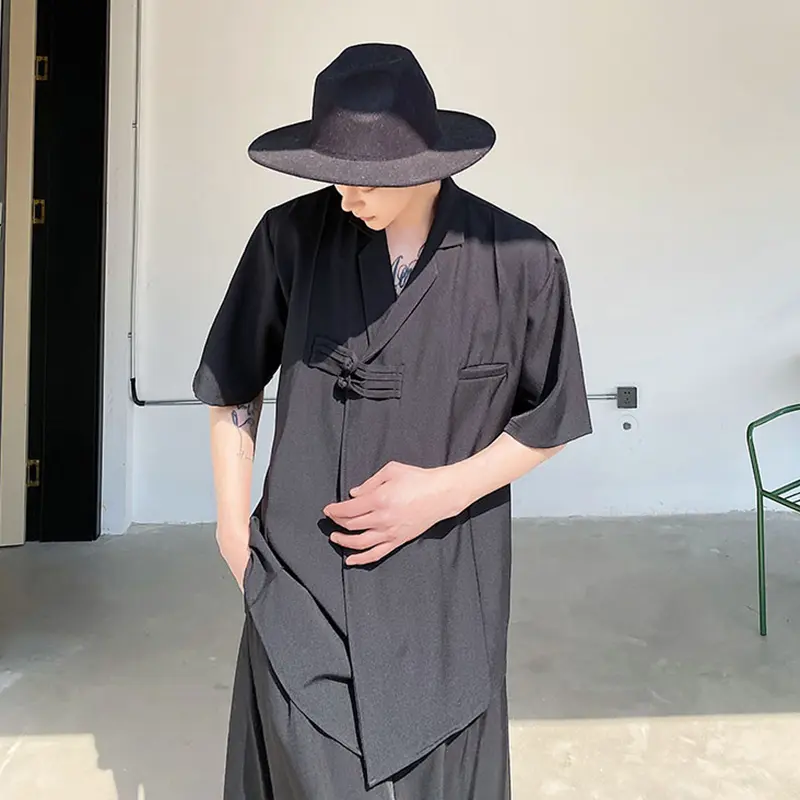 IEFB Chinese Style Men's Shirts Lapel Solid Color Knot Button Casual Tops New Summer Short Sleeved Loose Male Shirt Chic 9W2335