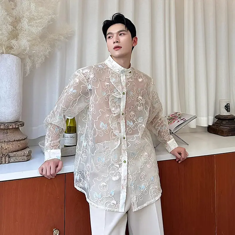 IEFB New Summer Male Shirts Long Sleeve Threedimensional Embroidery Jacquard Decoration Singel Breasted Stand Menwear 9W2122