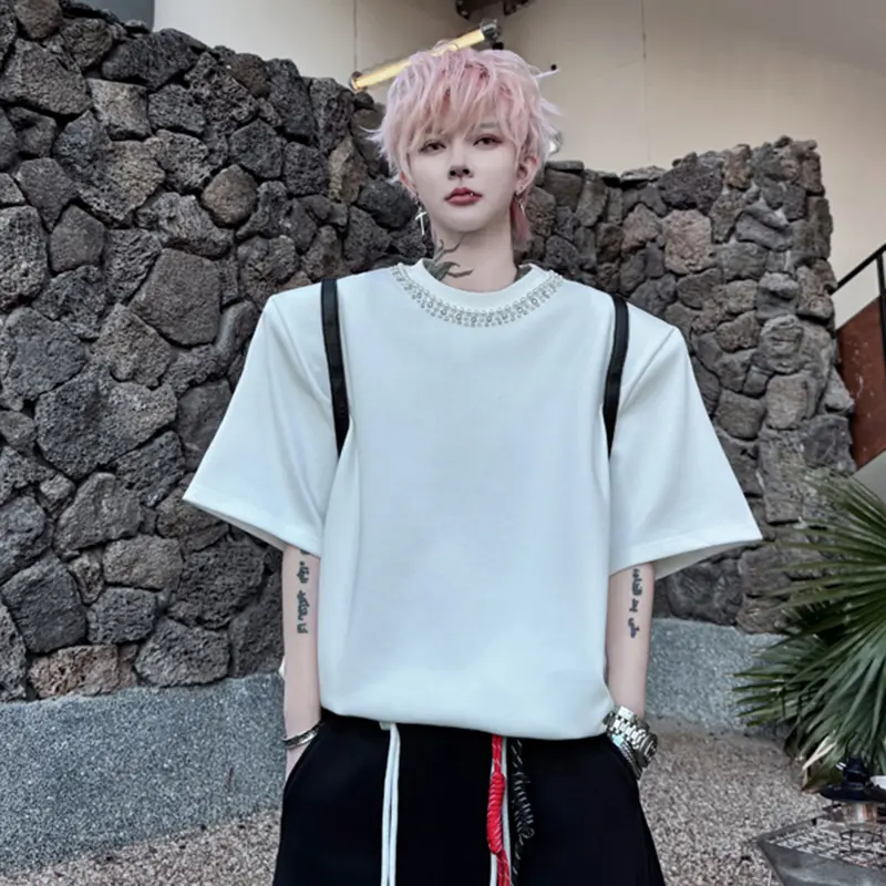 IEFB Men's New T-shirts Short Sleeve Summer Solid Color Round Neck Half Handmade Nail Bead Decoration Pullover Menwear 9W2114
