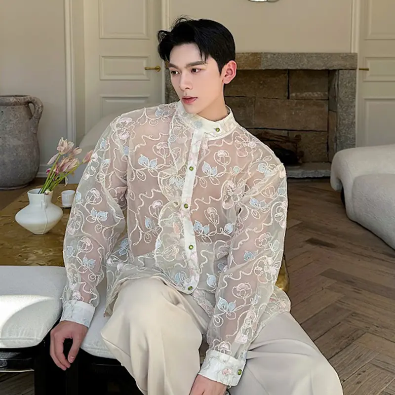 IEFB New Summer Male Shirts Long Sleeve Threedimensional Embroidery Jacquard Decoration Singel Breasted Stand Menwear 9W2122