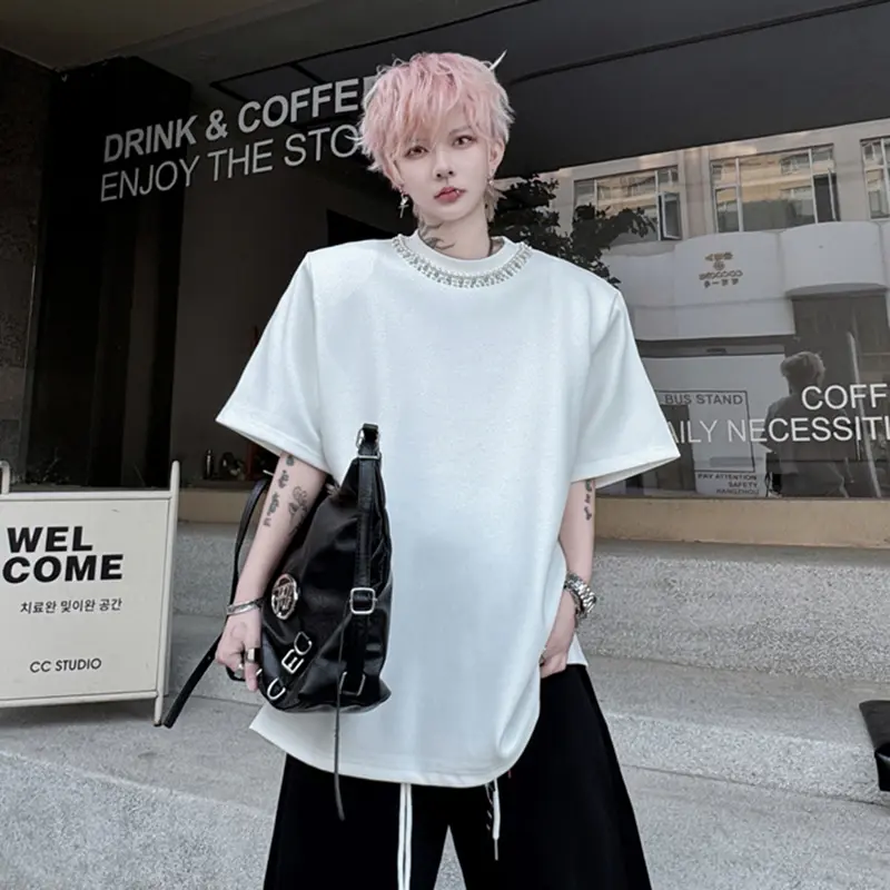 IEFB Men's New T-shirts Short Sleeve Summer Solid Color Round Neck Half Handmade Nail Bead Decoration Pullover Menwear 9W2114