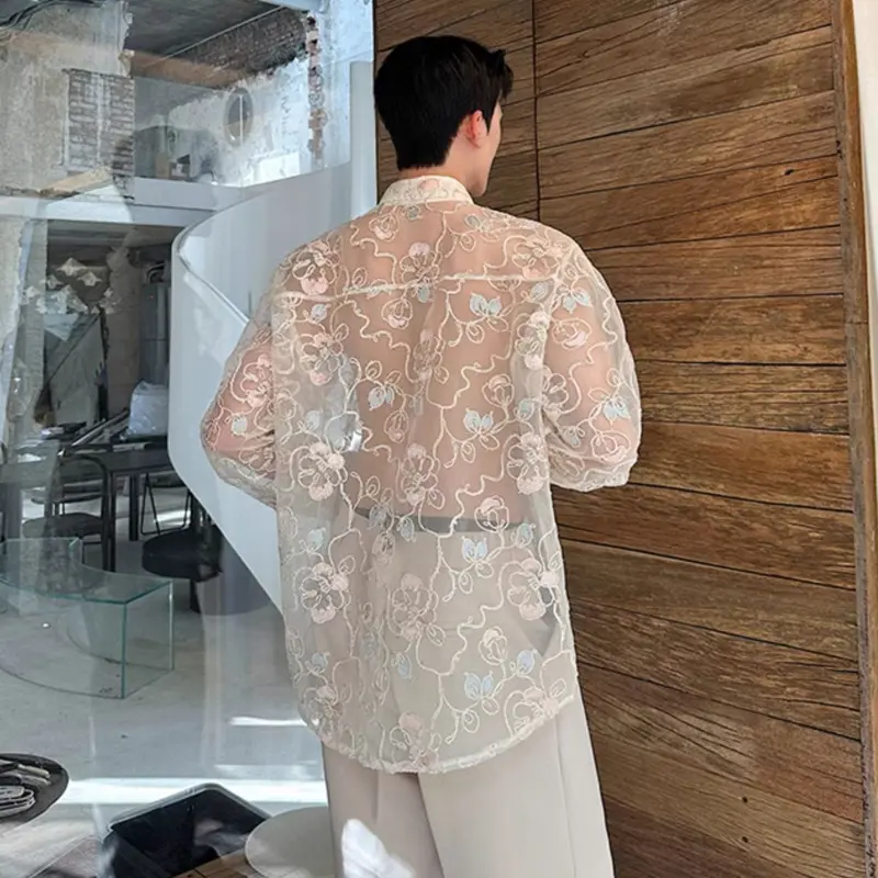 IEFB New Summer Male Shirts Long Sleeve Threedimensional Embroidery Jacquard Decoration Singel Breasted Stand Menwear 9W2122